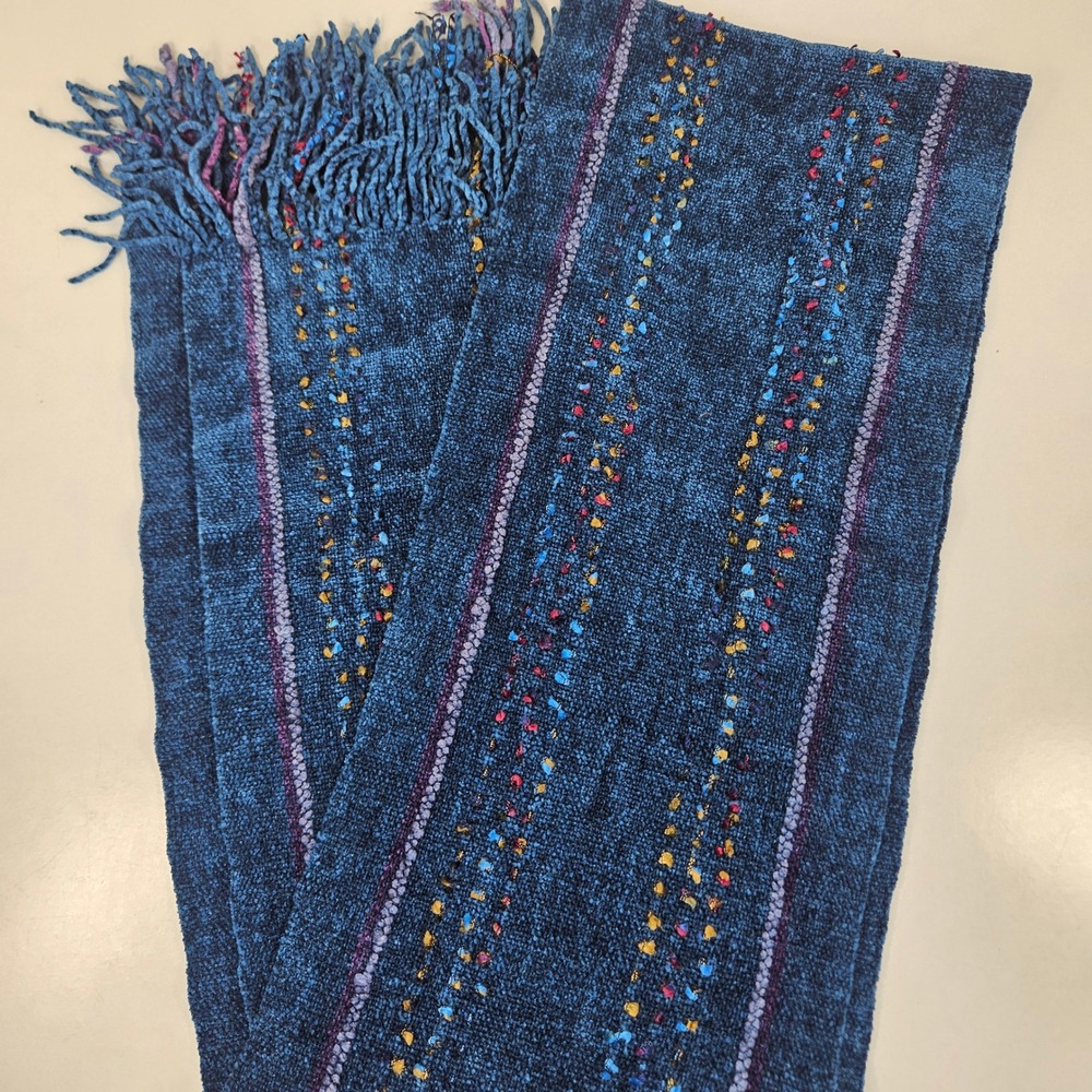 A Thread of Hope Handwoven Bamboo Scarf Blue Striped Fringe Guatemala 64x8"